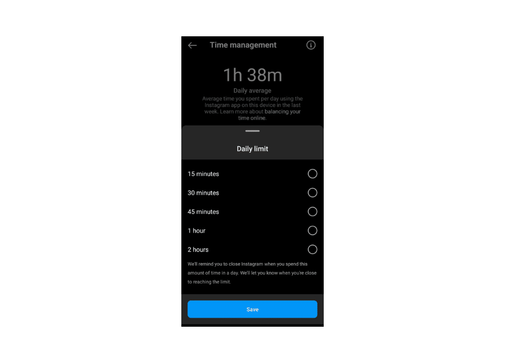 screenshot of Instagram Quiet Mode settings with options to choose daily usage duration, showing how to avoid distractions by controlling Instagram time