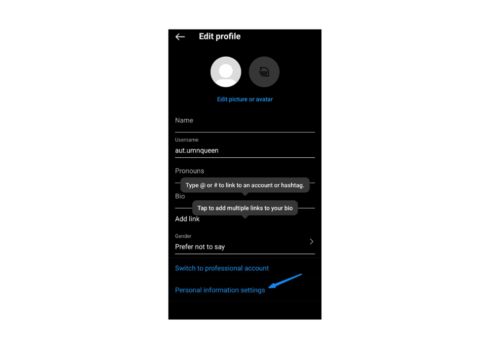 User clicking on the 'Personal Information Settings' option in the Instagram app