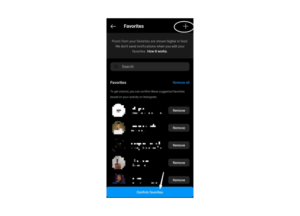 screenshot showing how to customize your Instagram feed by tapping the '+' button to add study-focused accounts and confirming them as favorites.