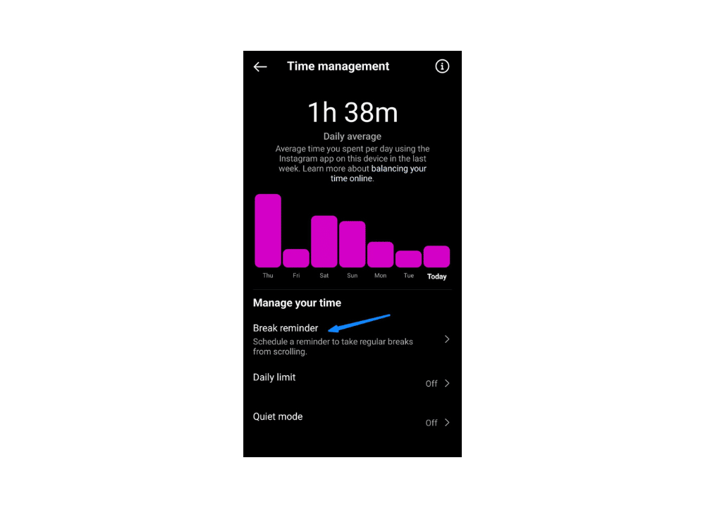 Step-by-step guide on setting a break reminder to avoid Instagram distractions. Click 'break reminder' to manage screen time
