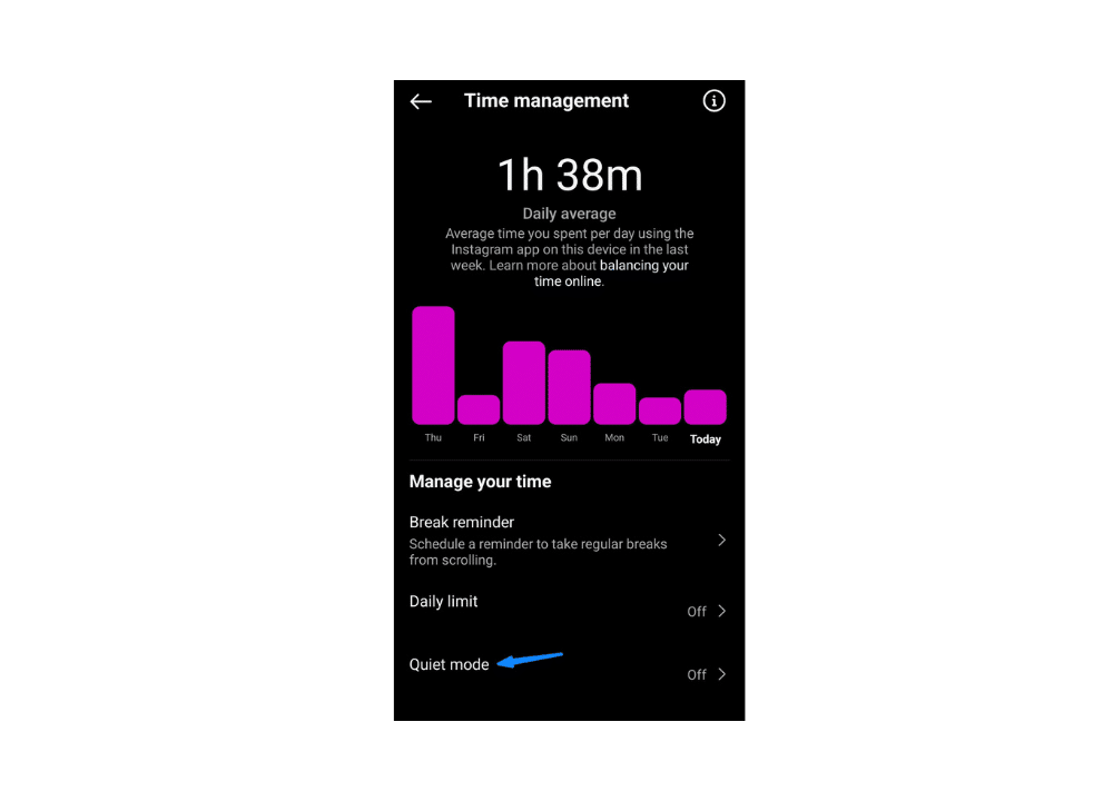 Step-by-step guide on avoiding distractions from Instagram by enabling Quiet Mode, showing how to choose "quiet mode" in settings