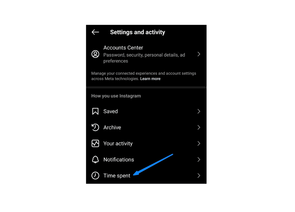sceenshot showing steps to avoid Instagram distraction by setting a break reminder: navigating to account settings and selecting "time spent