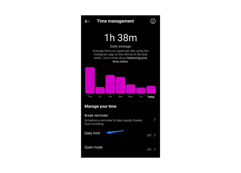 Instructions on avoiding Instagram distractions: enable quiet mode and set a daily limit