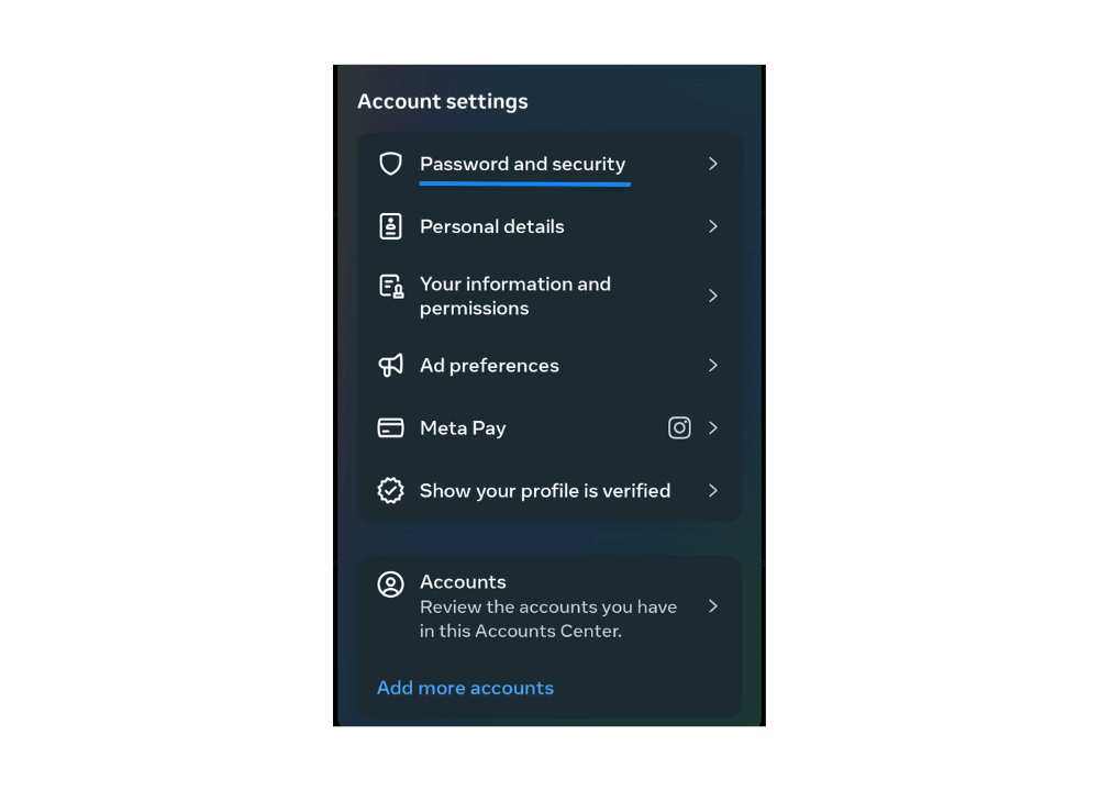 Instagram account settings screen with the option to choose password and security highlighted