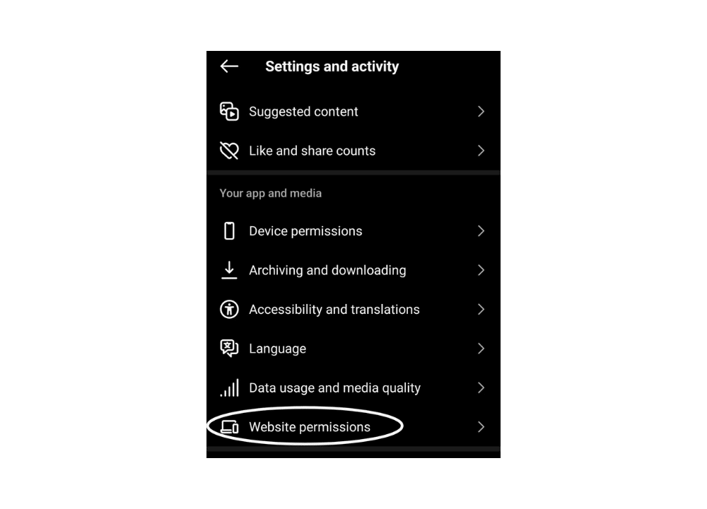 Screenshot showing how to select "Website Permissions" on Instagram settings