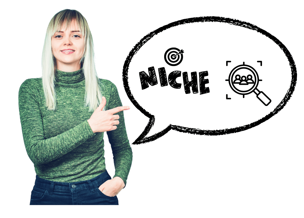 image showing a person choosing a business niche and identifying their target audience with data charts and customer profiles