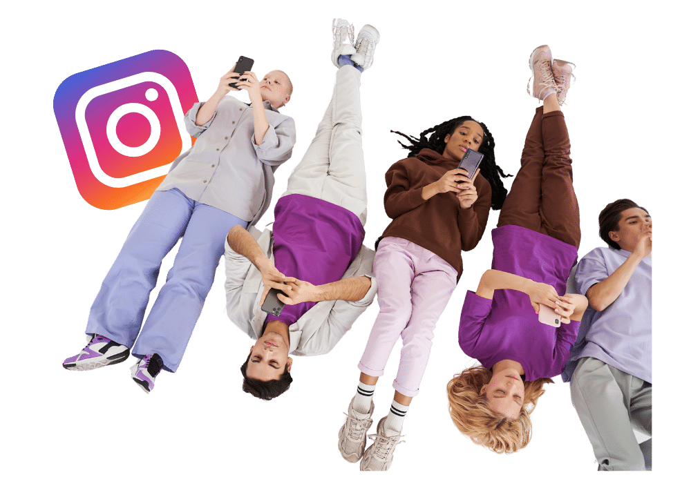 diverse users engaging with Instagram features like captions, alt text, and screen reader options, promoting accessibility and inclusivity for all.