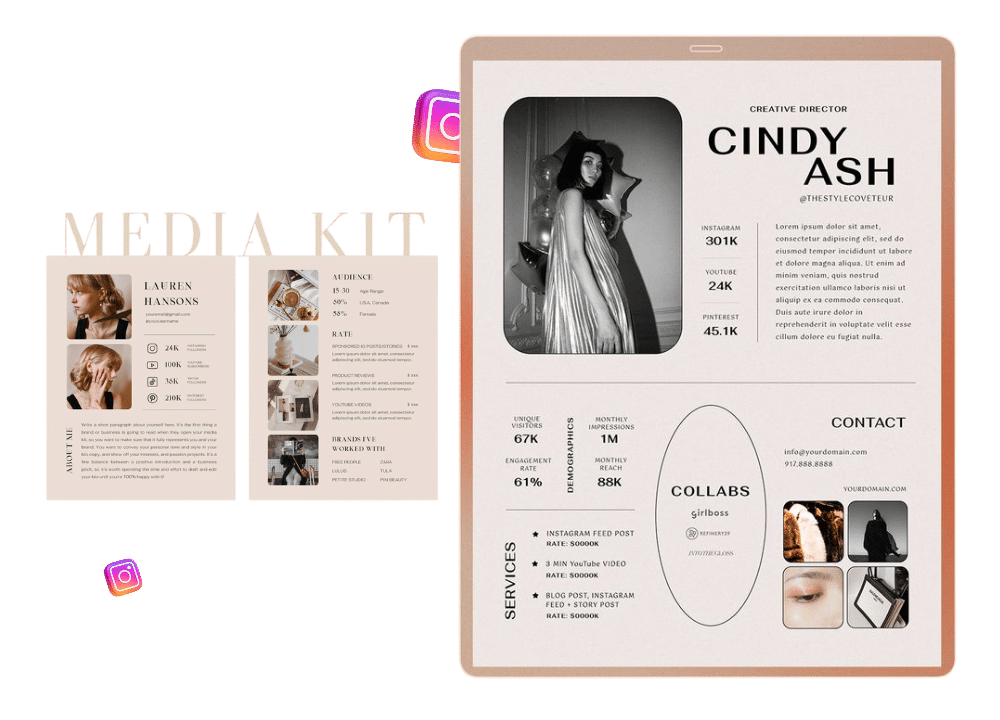 Professional media kit examples and templates for Instagram influencers seeking brand deals