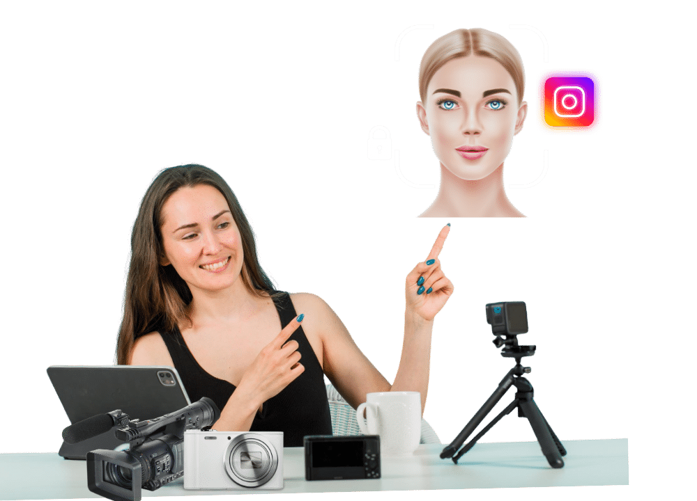 Person creating engaging Instagram content with phone and camera setup