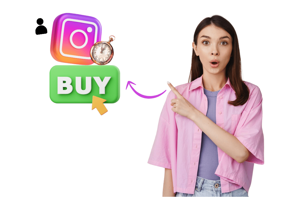 an image in the blog section of a surprised woman pointing to a ‘BUY’ button with the Instagram logo and a small clock—illustrating the tip to purchase an aged Instagram account and then warm it up slowly.