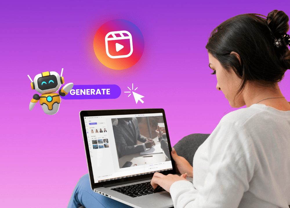 A blog featured image showing a woman sitting and working on a laptop with an AI video generator interface on the screen. Around her are colorful icons of Instagram and Reels, along with a friendly AI robot and a “Generate” button, symbolizing how artificial intelligence can help create Instagram Reels easily and automatically.