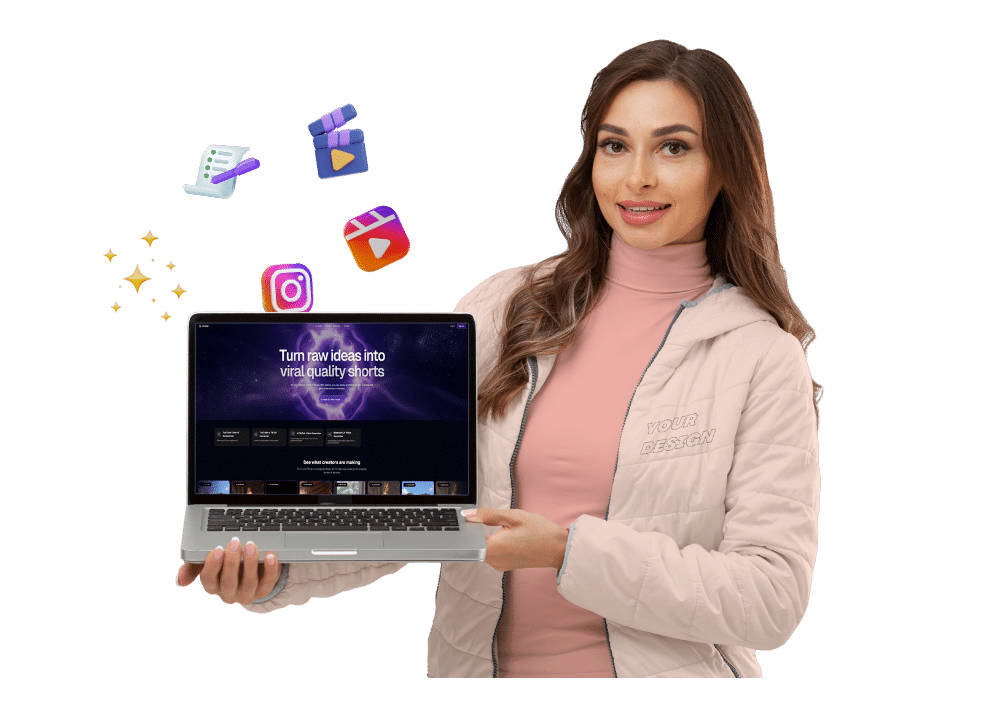 A blog section image showing a smiling woman wearing a light pink jacket holds a laptop displaying the Atomu AI website with the text “Turn raw ideas into viral quality shorts.” Around her are floating icons of Instagram, Reels, video editing, and sparkles, symbolizing how Atomu AI helps creators transform ideas into high-quality Instagram Reels using artificial intelligence.