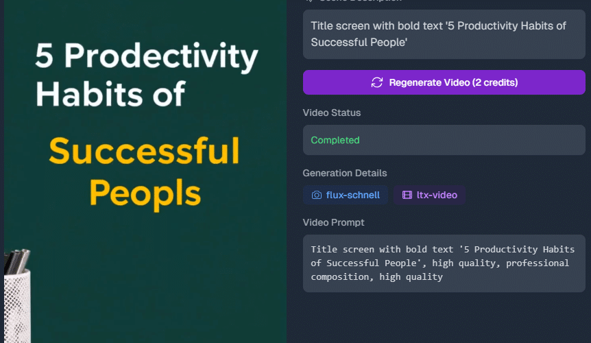 Screenshot of Atomu AI showing a generated title screen that reads “5 Productivity Habits of Successful Peopls” on a dark green background. The right panel displays a purple Regenerate Video (2 credits) button, Video Status: Completed, Generation Details (flux-schnell, ltx-video), and the Video Prompt field. This screen illustrates how to review a result and regenerate the video to correct on-screen text for Instagram Reels.