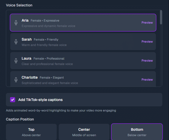 Screenshot of Atomu’s Voice Selection panel. The voice Aria (Female • Expressive) is highlighted, with other options like Sarah (Friendly), Laura (Professional), and Charlotte (Elegant), each with a Preview link. A checked option Add TikTok-style captions is shown, and Caption Position buttons display Top, Center, and Bottom with Bottom selected—demonstrating how to set voice and captions for Instagram Reels.