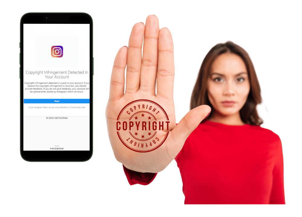 an image in the blog section of a woman in a red top holding up her hand with a “COPYRIGHT” stamp, next to a phone screen showing an Instagram “Copyright Infringement Detected” notice—warning not to repost content without permission.
