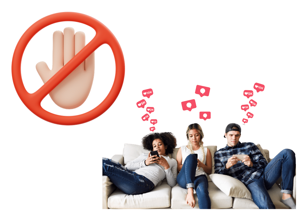 an image in the blog section of a “do not” hand icon next to three people on a couch rapidly liking/commenting on phones, with engagement bubbles above them—illustrating why you shouldn’t join Instagram engagement pods.