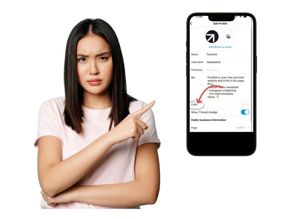 an image in the blog section of a woman pointing disapprovingly at a phone screen showing the Instagram “Edit Profile” page with a red arrow to the “Links” section—illustrating the advice to avoid adding link-in-bio tools on new accounts.