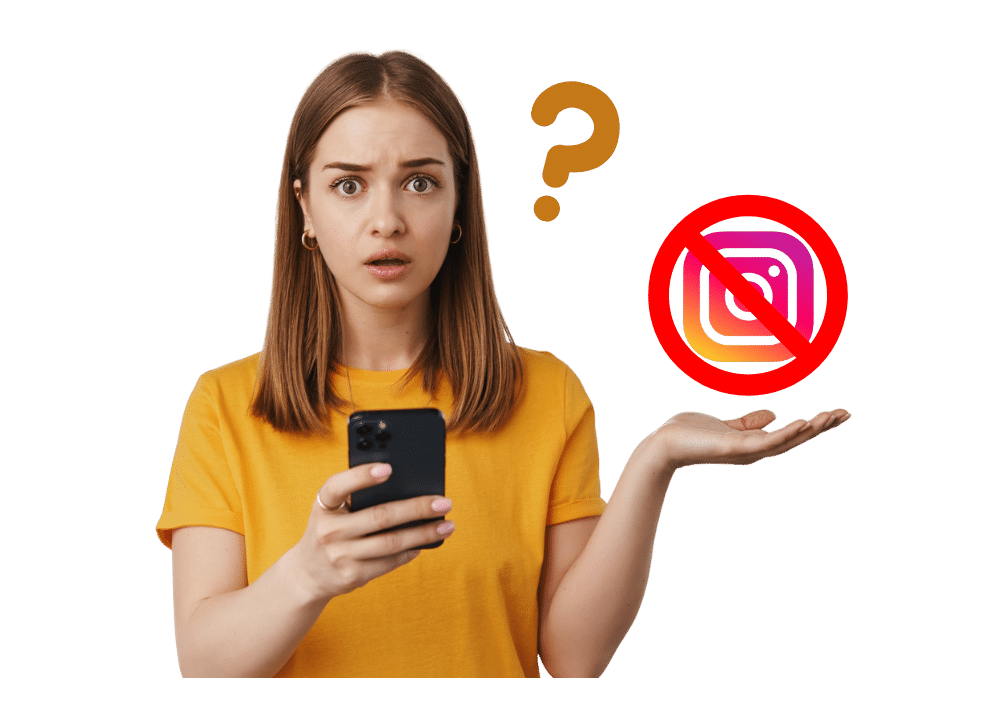 an image in the blog section of a confused woman holding a phone with a question mark and a crossed-out Instagram logo—illustrating why Instagram suspends accounts for suspicious or unsafe activity.