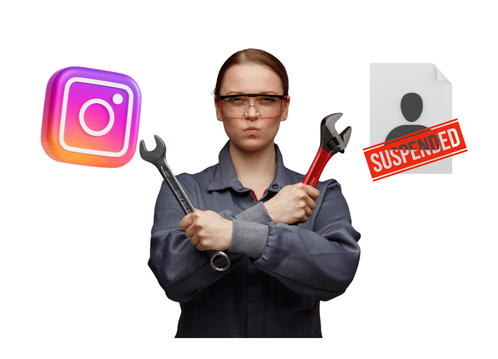 an image in the blog section of a determined woman holding wrenches between Instagram logo and a ‘suspended’ profile icon—representing three ways to fix an Instagram account suspension.