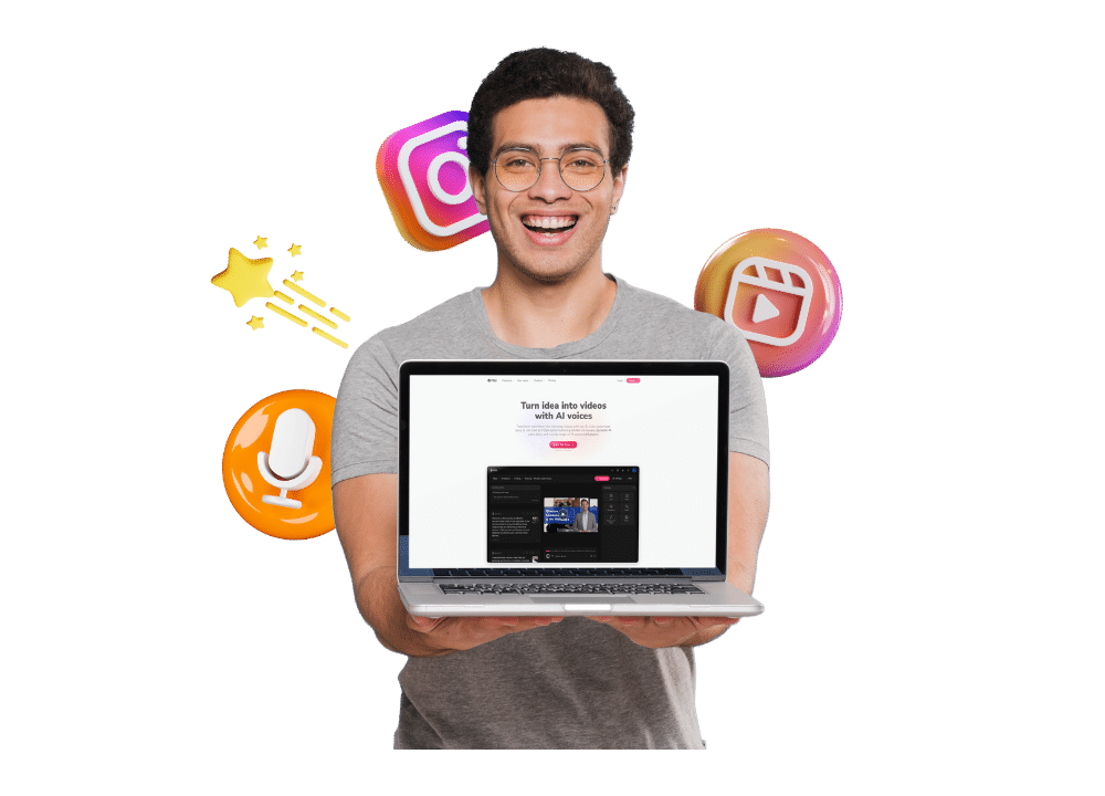 A blog section image showing a cheerful man wearing glasses and a gray shirt holds a laptop displaying the Fliki AI website with the text “Turn idea into videos with AI voices.” Around him are floating icons of Instagram, Reels, a microphone, and stars, symbolizing how Fliki AI helps users create engaging Instagram Reels using AI voiceovers and video generation tools.