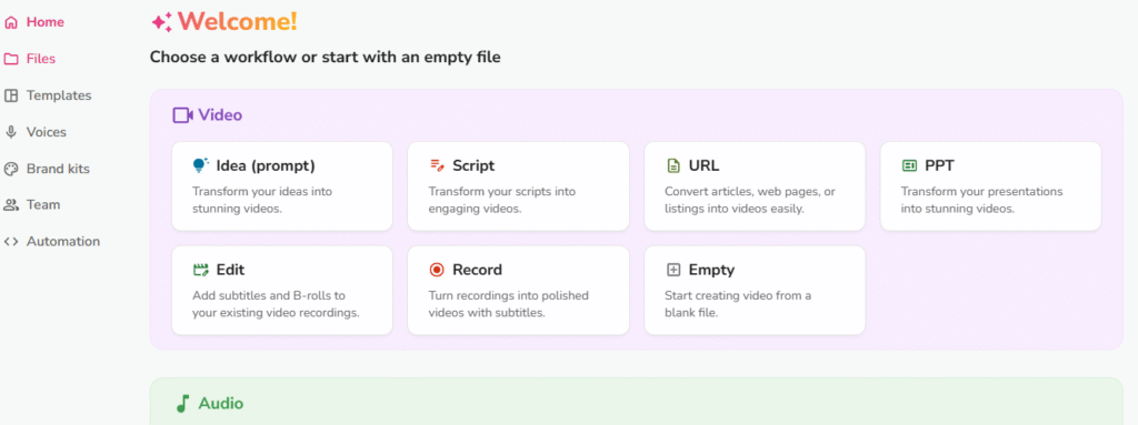 Screenshot of the Fliki AI welcome page with the heading “Choose a workflow or start with an empty file.” Cards in the Video section include Idea (prompt), Script, URL, PPT, Edit, Record, and Empty. A left sidebar shows Home, Files, Templates, Voices, Brand kits, Team, and Automation—illustrating how Fliki helps create Instagram Reels and short videos from prompts, scripts, or existing media.