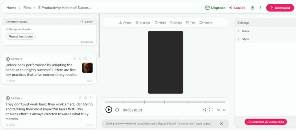 Screenshot of the Fliki video editor for a project titled “5 Productivity Habits of Successful People.” The left panel lists scenes with voiceover Rose and background audio Fitness Instructor. The center shows a vertical 9:16 canvas with toolbar options Avatar, Graphics, Media, Shape, Text, Record and a timeline (00:00 / 01:01). The right panel has Settings: Basic, Style, and a pink Generate AI video clips button—showing how to build Instagram Reels with AI narration and stock media.