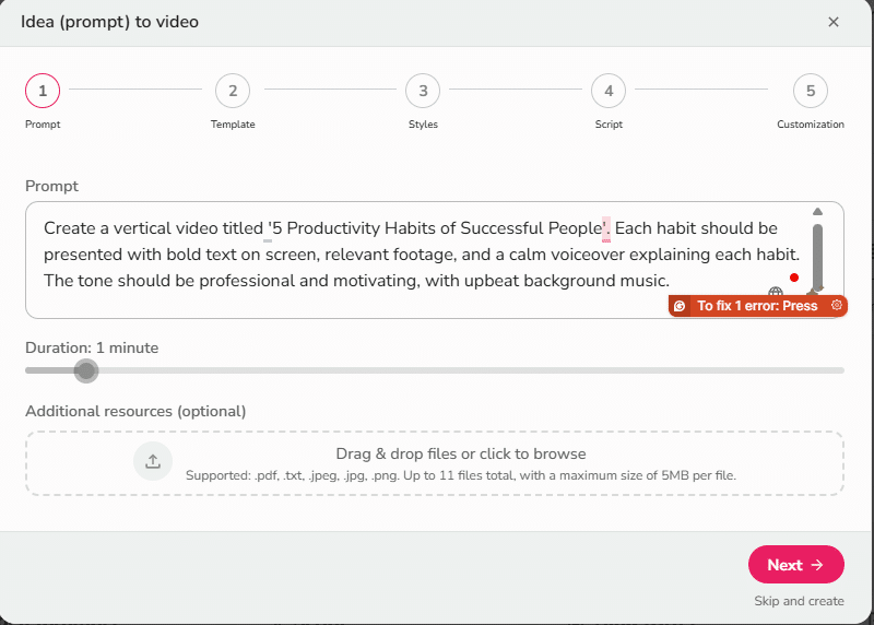 Screenshot of Fliki’s Idea (prompt) to video window. Step 1 — Prompt is active with a text box describing “5 Productivity Habits of Successful People.” A duration slider is set to 1 minute, an area for Additional resources (drag and drop files) is visible, and a pink Next button appears in the bottom-right—showing how Fliki turns a simple idea into a script and video for Instagram Reels.