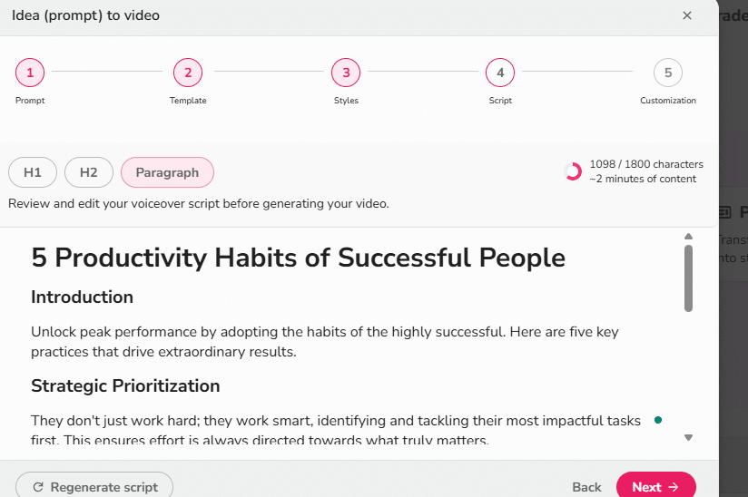 Screenshot of Fliki’s Idea (prompt) to video – Step 4: Script. The script window shows the title “5 Productivity Habits of Successful People” with sections like Introduction and Strategic Prioritization. Tabs for H1, H2, and Paragraph appear above, a counter shows 1098/1800 characters (~2 minutes), and Regenerate script and pink Next buttons are visible—illustrating how Fliki lets users edit the voiceover script before creating an Instagram Reel.