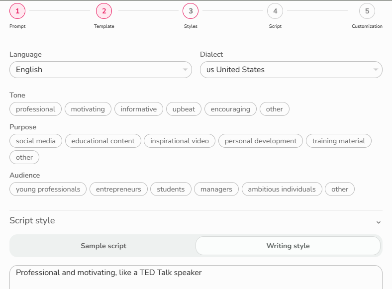 Screenshot of Fliki’s Idea (prompt) to video – Step 3: Styles. Controls show Language: English and Dialect: US United States. Pill options select Tone (professional, motivating, informative, upbeat, encouraging), Purpose (social media, educational content, inspirational video, personal development, training material), and Audience (young professionals, entrepreneurs, students, managers, ambitious individuals). A Script style section offers Sample script and Writing style—showing how to tailor an Instagram Reels script.