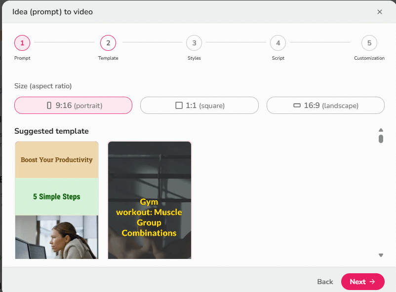 Screenshot of Fliki’s Idea (prompt) to video workflow at Step 2 — Template. The 9:16 (portrait) aspect ratio is selected, with options for 1:1 (square) and 16:9 (landscape). Suggested templates appear, including one titled “Boost Your Productivity – 5 Simple Steps.” A pink Next button is visible at the bottom-right—showing how Fliki lets users pick a vertical template for Instagram Reels.