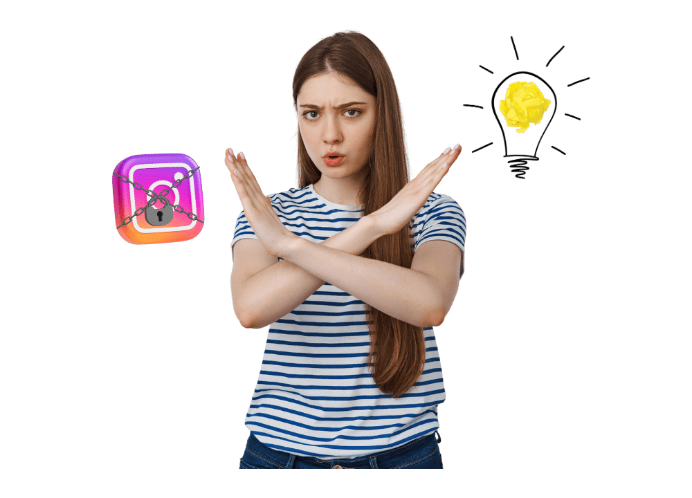 an image in the blog section of a young woman making an “X” gesture with her arms beside a chained Instagram logo and a light-bulb icon—illustrating tips on how to avoid Instagram suspension.