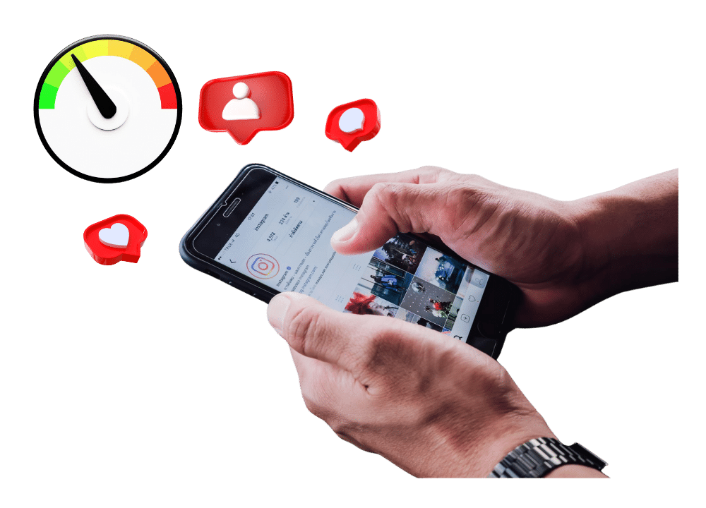 an image in the blog section of a pair of hands using Instagram on a phone, surrounded by like/follow DM icons and a speedometer gauge—illustrating the need to monitor daily action limits (follows, likes, comments, DMs).