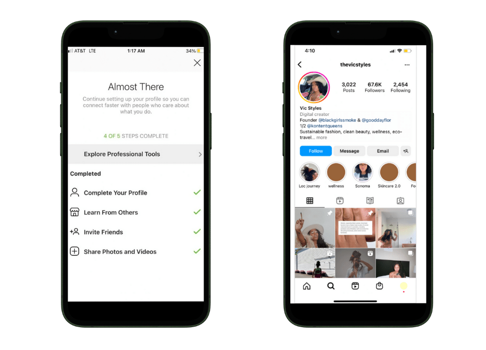 an image in the blog section of two phones showing Instagram onboarding and a finished creator profile—illustrating the tip to complete your profile right away with photo, bio, name, and contact details.
