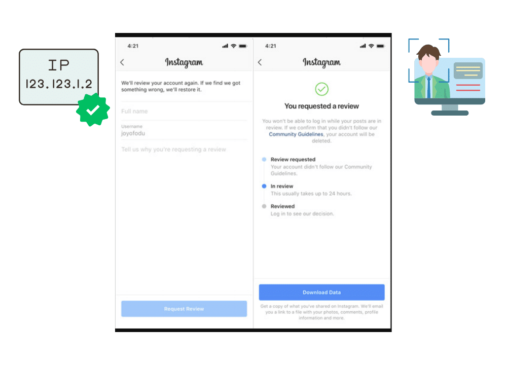 an image in the blog section of an Instagram review screen showing an appeal submission and ‘You requested a review’ status, with icons reminding to use the same IP/device and verify identity.