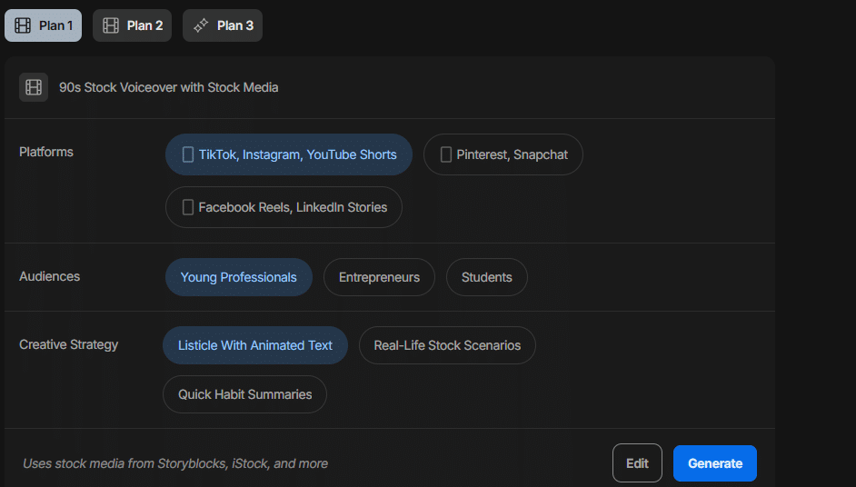 Screenshot of InVideo AI showing a content plan called “90s Stock Voiceover with Stock Media.” The Platforms section highlights TikTok, Instagram, and YouTube Shorts. Audiences shows “Young Professionals” selected, and Creative Strategy highlights “Listicle With Animated Text.” Edit and blue “Generate” buttons appear on the right, illustrating how InVideo helps create Instagram Reels with AI.