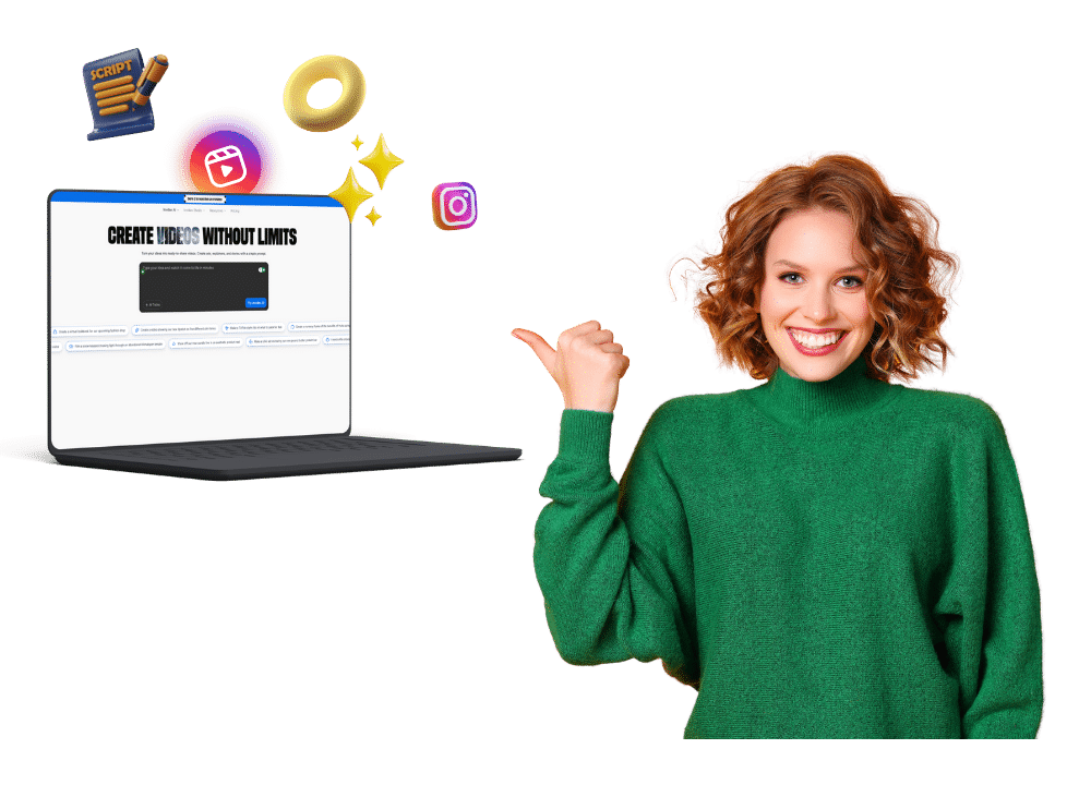 A blog section image showing a cheerful woman in a green sweater points toward a laptop screen displaying the InVideo AI website with the text “Create videos without limits.” Floating icons of Instagram, Reels, and video elements symbolize how InVideo AI helps generate engaging Instagram Reels using artificial intelligence.