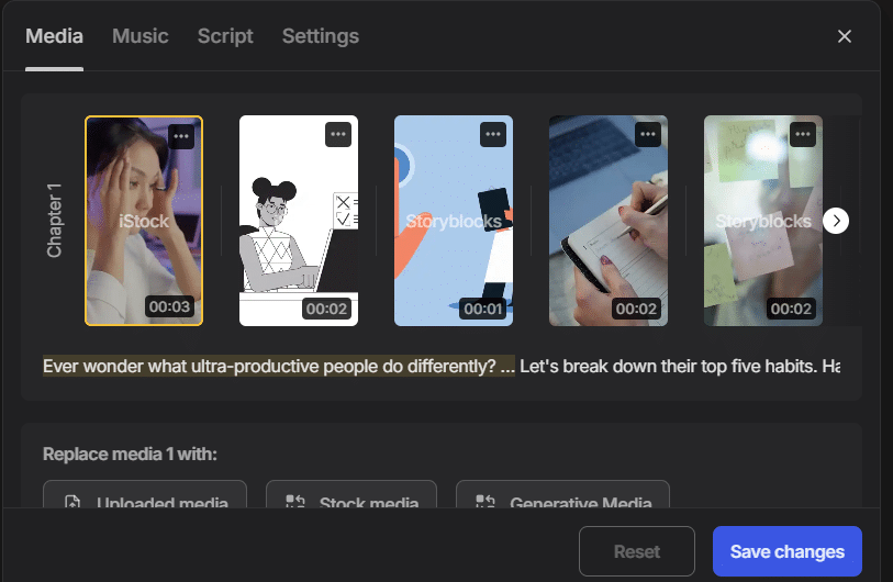 Screenshot of the InVideo AI editor with the Media tab selected. A storyboard shows five short vertical clips labeled iStock and Storyblocks (00:01–00:02). Below, a script line reads: “Ever wonder what ultra-productive people do differently? … Let’s break down their top five habits.” Options appear to replace media with Uploaded media, Stock media, or Generative Media, and a blue Save changes button is visible, demonstrating how to build Instagram Reels with AI.
