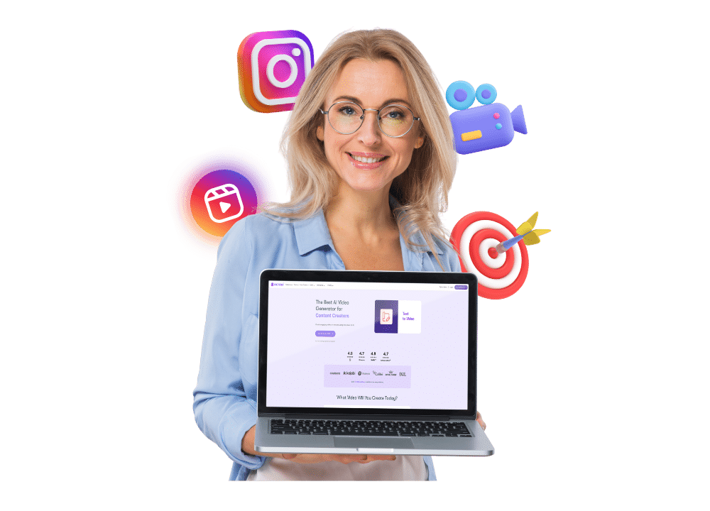 A blog section image showing a smiling woman wearing glasses and a light blue shirt holds a laptop displaying the Pictory AI website. Around her are floating icons of Instagram, Reels, video cameras, and a target, symbolizing how Pictory helps users create professional Instagram Reels using AI.