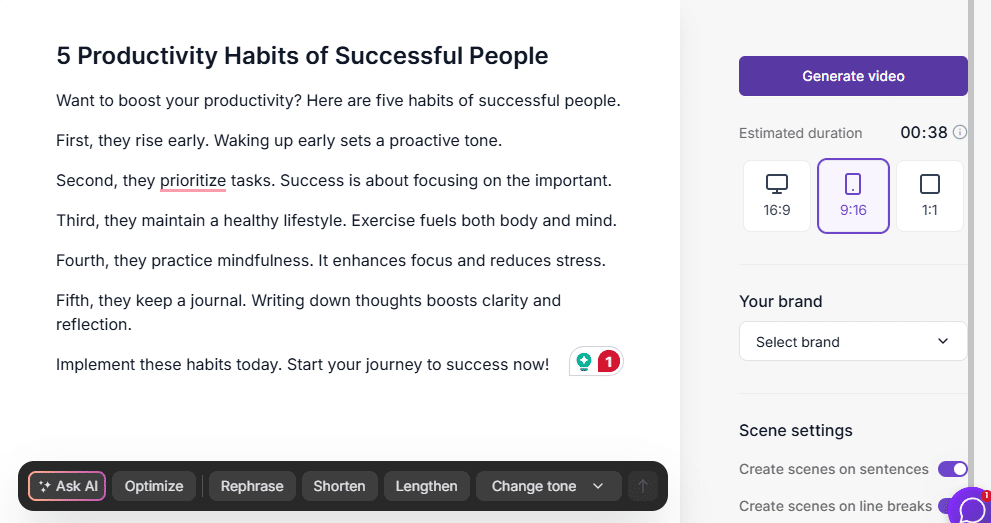 Screenshot of Pictory AI’s script editor with the title “5 Productivity Habits of Successful People.” The script lists habits like rising early, prioritizing tasks, exercising, practicing mindfulness, and journaling. A toolbar shows Ask AI, Optimize, Rephrase, Shorten, Lengthen, and Change tone. On the right panel, a purple Generate video button appears with an estimated duration of 00:38, the 9:16 aspect ratio selected, a brand dropdown, and scene-setting toggles—showing how Pictory turns text into Instagram Reels.