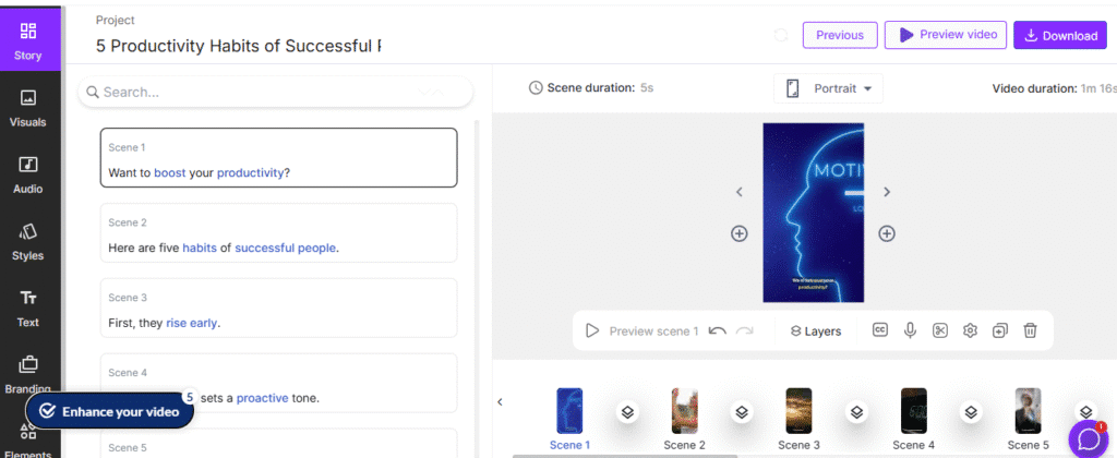 Screenshot of Pictory AI’s editor for the project “5 Productivity Habits of Successful People.” The left panel lists scenes with script lines; the center shows a portrait preview with scene duration set to 5s and a toolbar for layers, captions, mic, and settings. Thumbnails for Scene 1–5 appear below, and buttons for Previous, Preview video, and Download are at the top—showing how Pictory organizes and exports Instagram Reels.