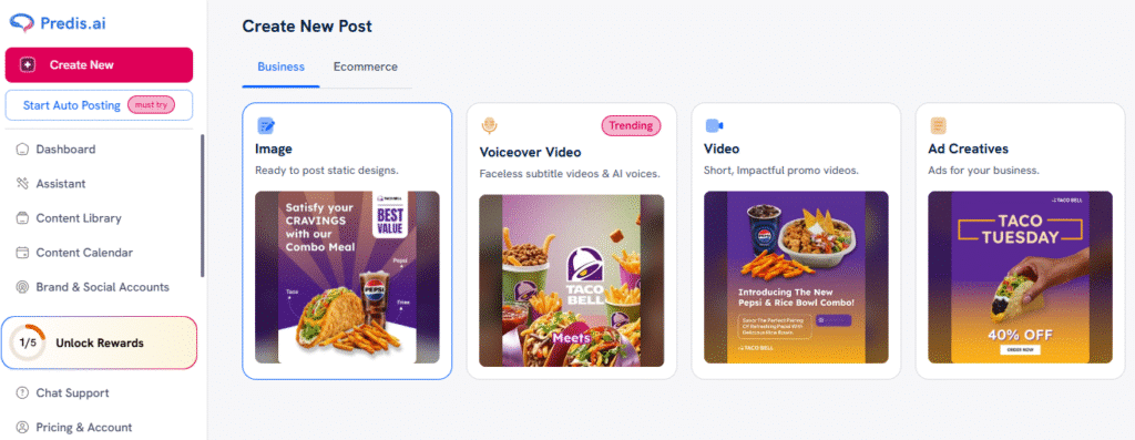 Screenshot of the Predis.ai Create New Post page with tabs for Business and Ecommerce. Card options include Image, Voiceover Video (Trending), Video (short promo videos), and Ad Creatives. The left sidebar shows Create New, Start Auto Posting, Dashboard, Assistant, Content Library, Content Calendar, and Brand & Social Accounts—showing how Predis.ai helps generate Instagram Reels and social videos.