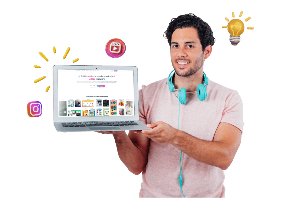 A blog section image showing a smiling man wearing a pink shirt and teal headphones holds a laptop displaying the Predis.ai website. The screen shows text about creating smart ads and videos with AI. Around him are floating icons of Instagram, Reels, and lightbulbs, representing how Predis.ai helps users design and generate Instagram Reels and marketing videos using artificial intelligence.