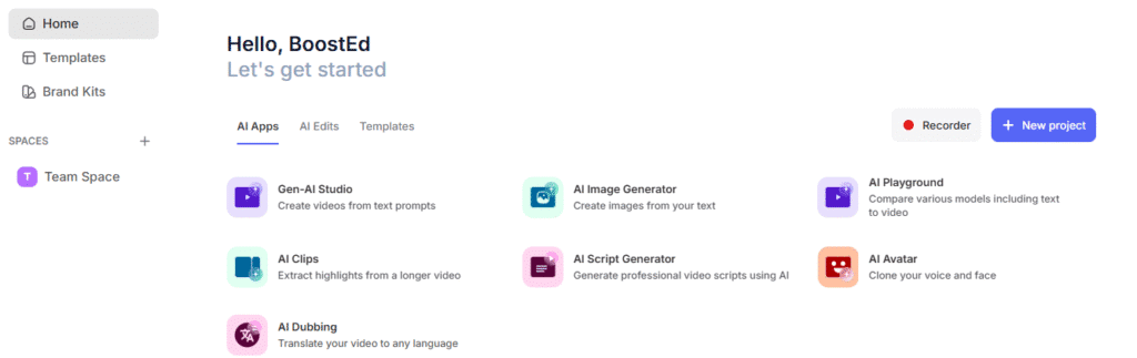 A screenshot of the Veed.io dashboard showing various AI tools, including Gen-AI Studio, AI Image Generator, AI Clips, AI Script Generator, AI Playground, AI Dubbing, and AI Avatar. The interface welcomes the user with options to start a new project, illustrating how Veed.io’s AI tools help users generate Instagram Reels and other social media videos efficiently.