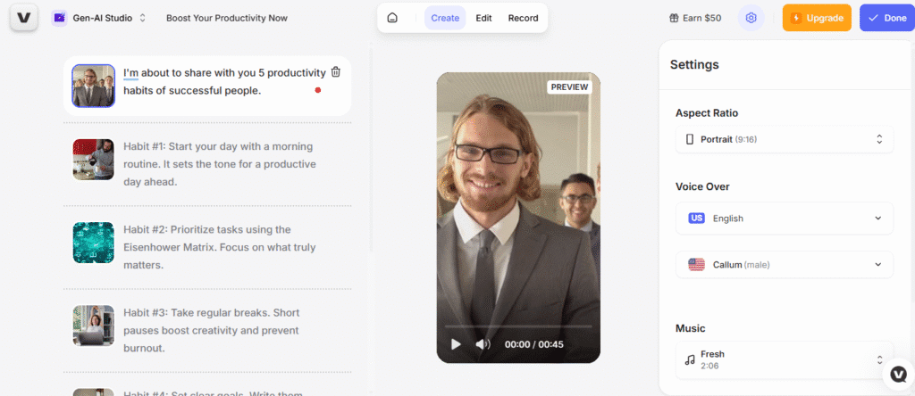 Screenshot of the Veed.io Gen-AI Studio interface showing a video project titled “Boost Your Productivity Now.” The left panel lists five productivity habits, while the center shows a video preview of a smiling man in a suit. The right panel includes settings for aspect ratio, voiceover, and background music, demonstrating how Veed.io helps generate Instagram Reels with AI narration and editing tools.