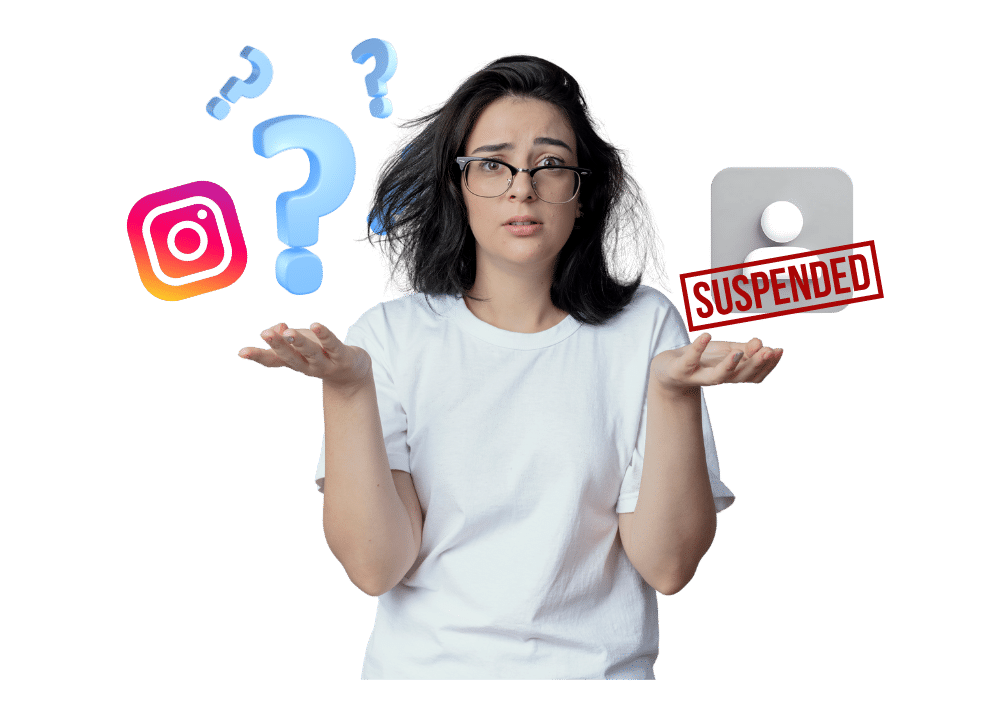 an image in the blog section of a worried woman holding a phone with Instagram logo on one side and a ‘suspended’ account icon on the other—illustrating short- and long-term impact of an Instagram suspension.