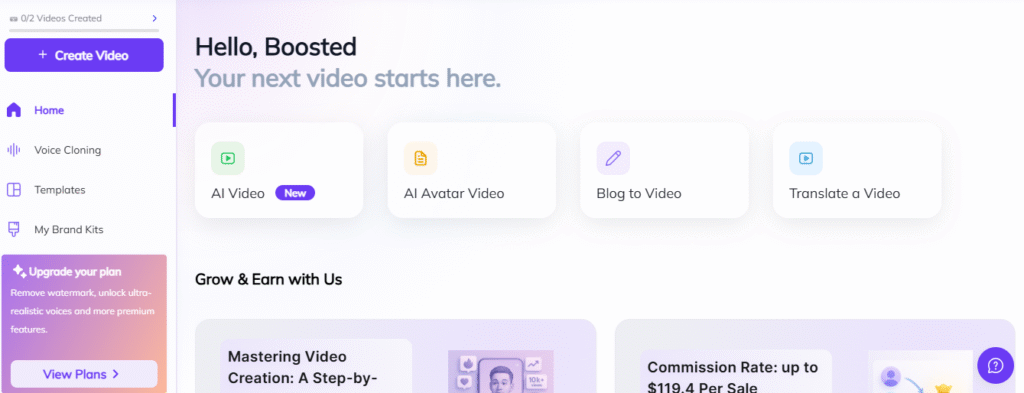 Screenshot of the Zebracat AI home dashboard. A greeting says “Hello, Boosted” with tiles for AI Video (New), AI Avatar Video, Blog to Video, and Translate a Video. The left sidebar shows Create Video, Home, Voice Cloning, Templates, and My Brand Kits, plus an Upgrade your plan panel. This interface helps users generate Instagram Reels and short videos with AI.