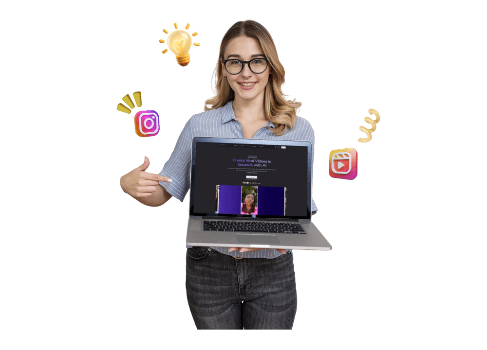A blog section image showing a smiling woman wearing glasses and a light blue shirt holds a laptop displaying the Zebracat AI website. The background includes floating icons of Instagram, Reels, and creative symbols like a lightbulb and swirl, representing how Zebracat helps create viral Instagram Reels using AI technology.