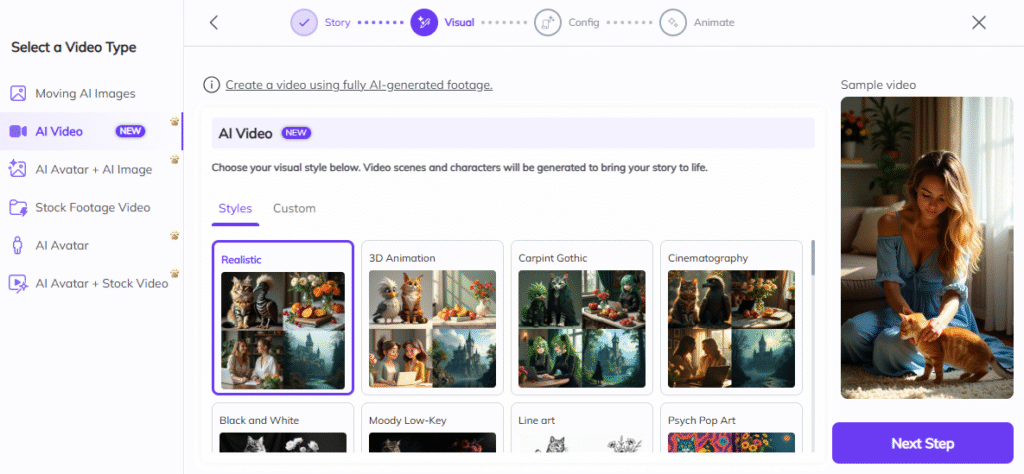 Screenshot of Zebracat’s AI Video step with visual style options such as Realistic, 3D Animation, Carpint Gothic, Cinematography, Black and White, and more. The left sidebar lists video types (Moving AI Images, AI Video, AI Avatar + AI Image, Stock Footage Video, AI Avatar). A “Sample video” preview of a woman petting a cat appears on the right and a purple Next Step button is below—showing how Zebracat lets users pick a style before generating Instagram Reels.