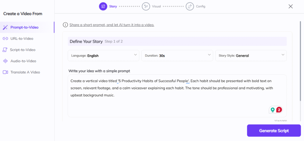 Screenshot of Zebracat’s Prompt-to-Video window. The “Define Your Story” section shows Language: English, Duration: 30s, and Story Style: General. A large text box contains a prompt for “5 Productivity Habits of Successful People.” A purple Generate Script button appears at the bottom. The left sidebar lists options: Prompt-to-Video, URL-to-Video, Script-to-Video, Audio-to-Video, and Translate a Video. This interface turns a short prompt into a script for vertical Instagram Reels.