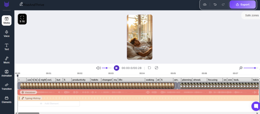 Screenshot of the Zebracat video editor showing a vertical 9:16 preview of a man waking up by a sunny window. The timeline below displays clip blocks, on-screen caption words, and a red Voiceover track with visible waveforms. A play button, volume control, and scrubber appear above the timeline. The left toolbar lists Media, Voice, Text, Music, Animation, Transition, and Elements, and a purple Export button sits at the top right—illustrating how to finish and export an Instagram Reel.